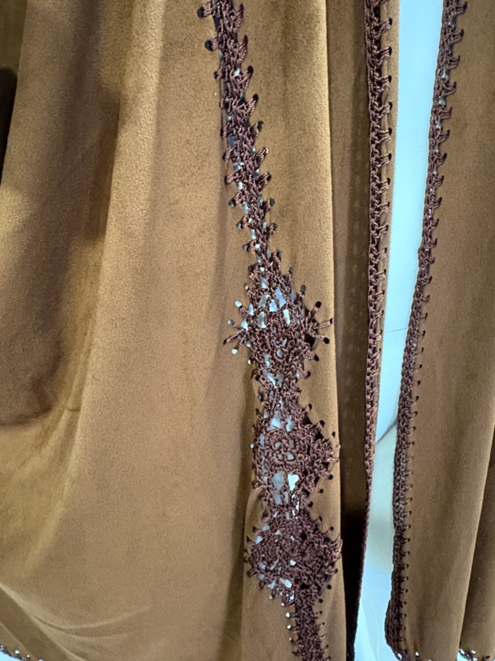 Women's Brown Crochet-Trim Suede Poncho Kaftan - Picture 2 of 3